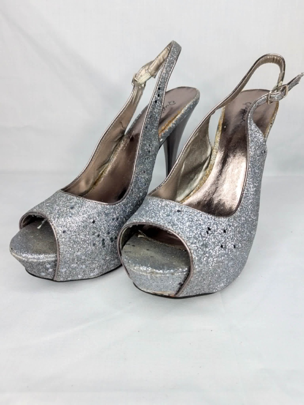 Qupid Dark Silver Glitter Platform Slingback Peep Toe Heels Size 9